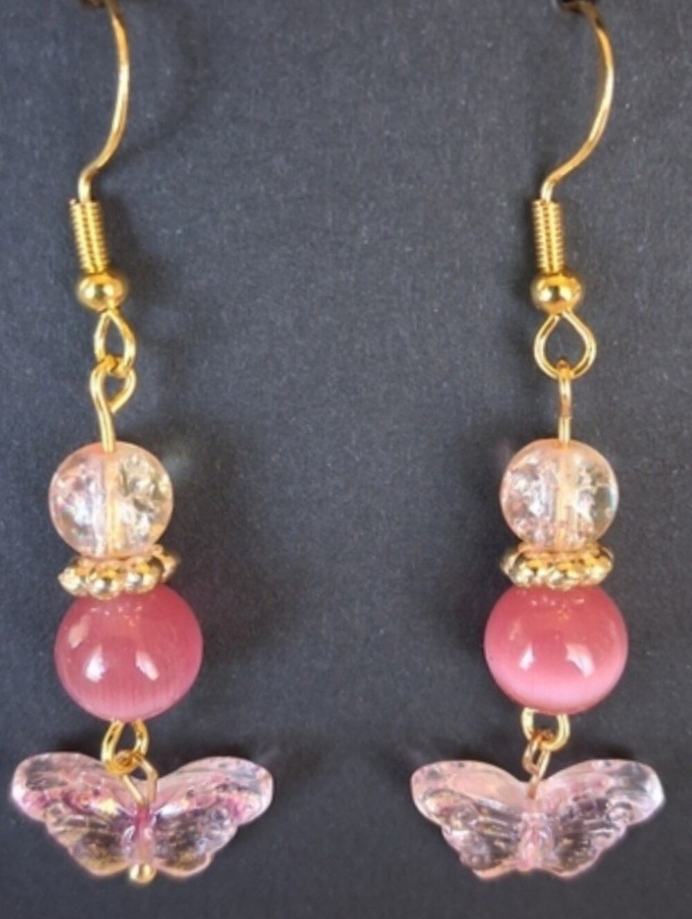Gold-Tone Pink Bead & Pink Butterfly Dangle Earrings